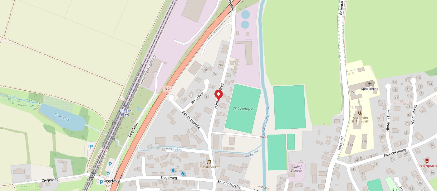 Karte von Ellingen mit der Lage der Pizzeria Teggiano am Hörlbacher Weg